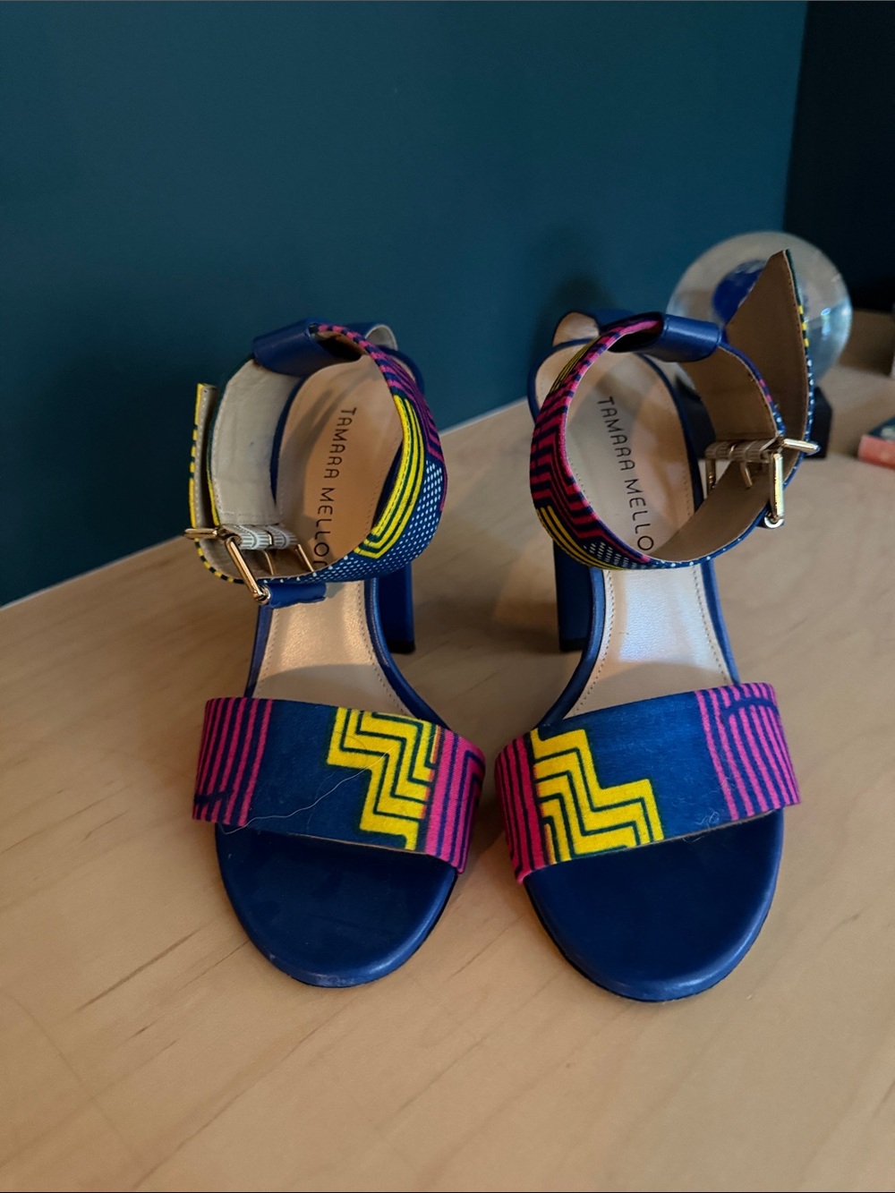 Tamara Mellon Blue Multicolor Geometric Ankle-Strap Heels